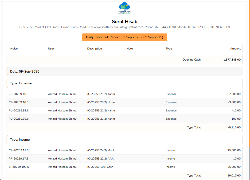 ক্যাশবুক রিপোর্ট স্ক্রিনশট