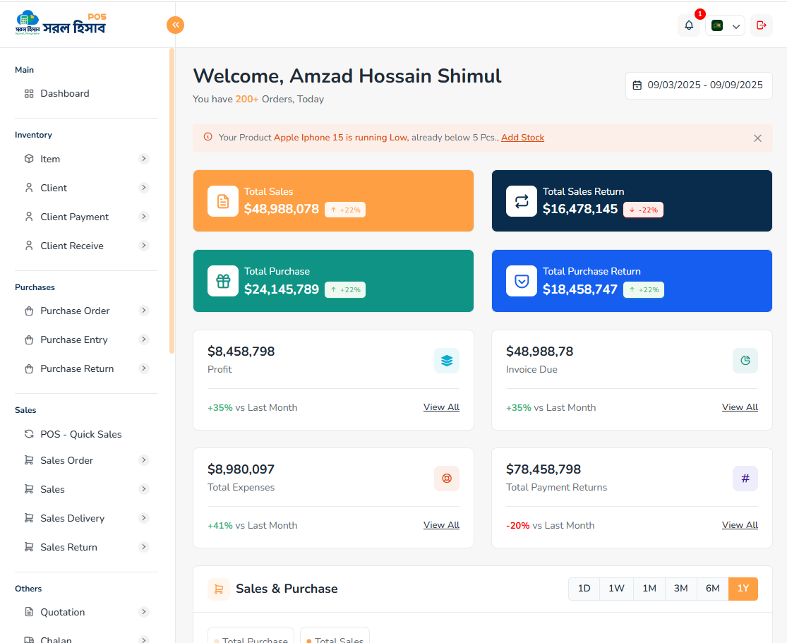 Dashboard Preview ড্যাশবোর্ড প্রিভিউ — বিক্রি, কাস্টমার, স্টক ভ্যালু